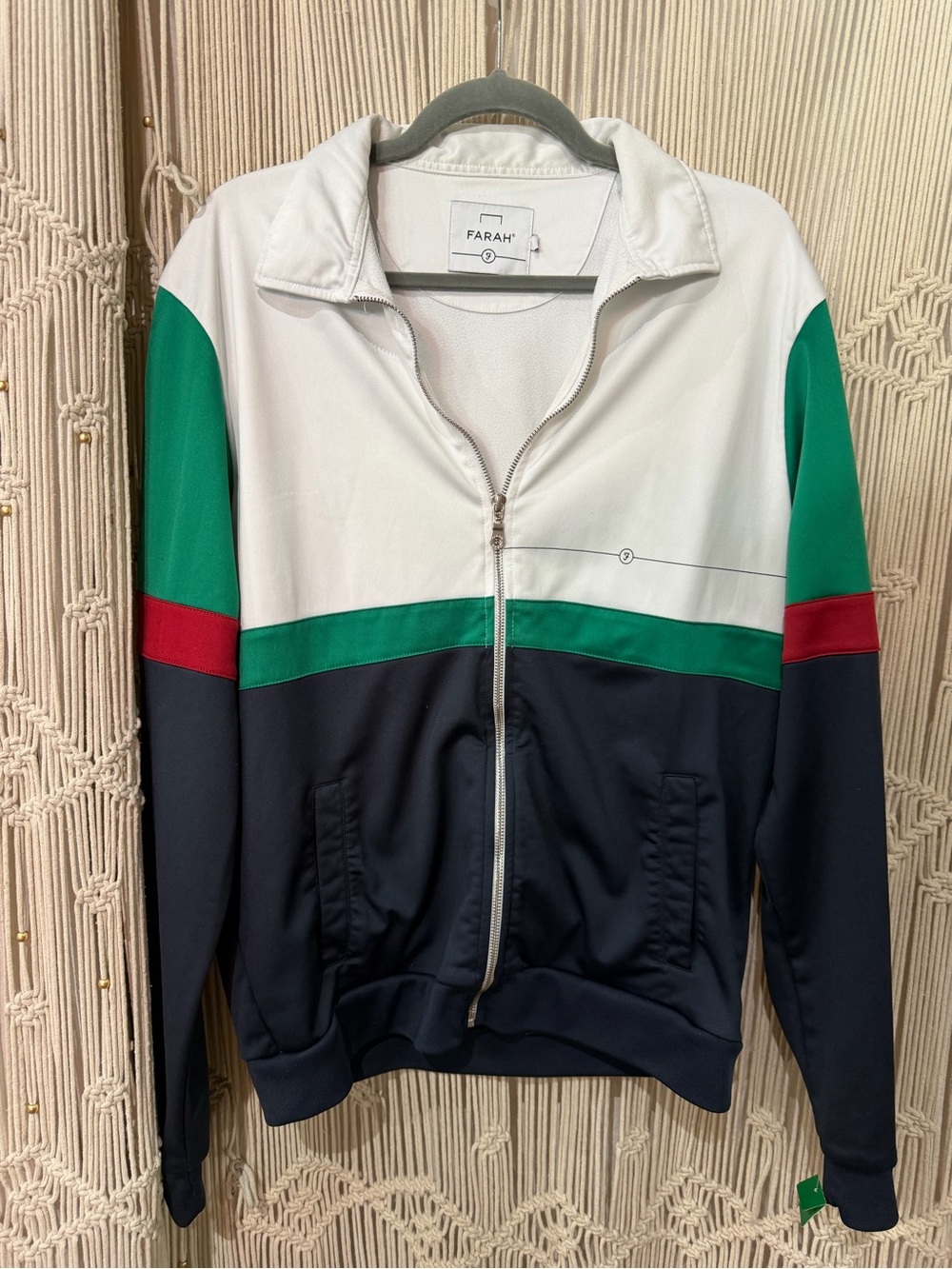 Farah Men’s Navy, White & Green Colorblock Zip-Up Sweater with Red Accent